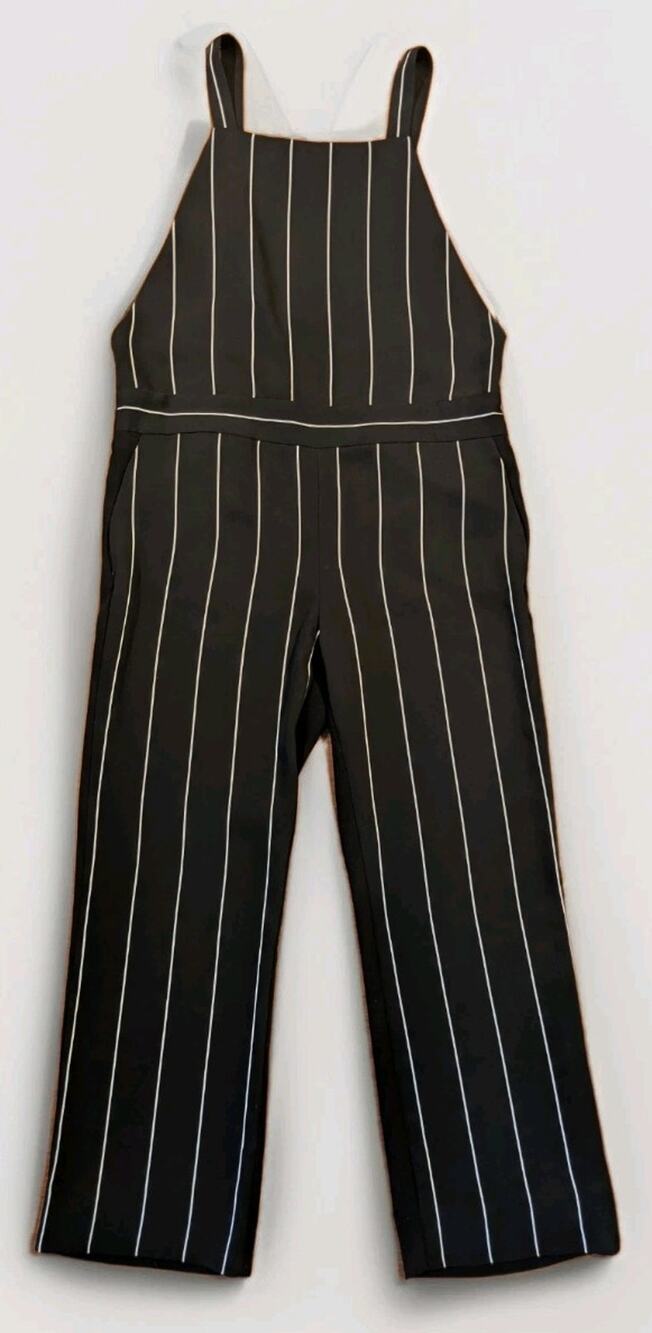 Cop Copine Pinstripe Jumpsuit Womens 36 Black Wide Leg Minimalist Euro Chic